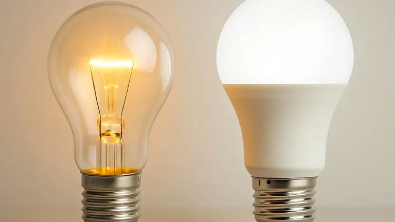 An old incandescent light bulb glowing next to a modern LED bulb