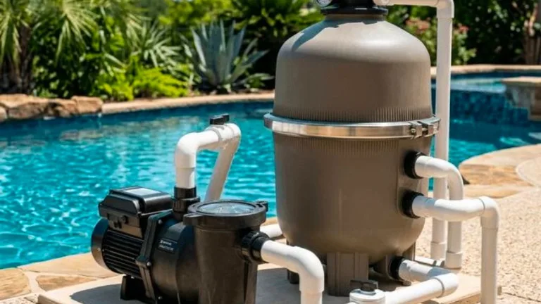 A pool pump and sand filter beside a sparkling swimming pool